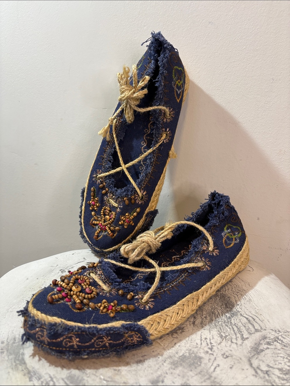 Denim Frayed Distressed Woven Natural Rope Embroidered Lace Up Hippie Boho Artsy